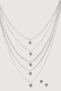 Heart Charm Layered Chain Necklace and Earrings