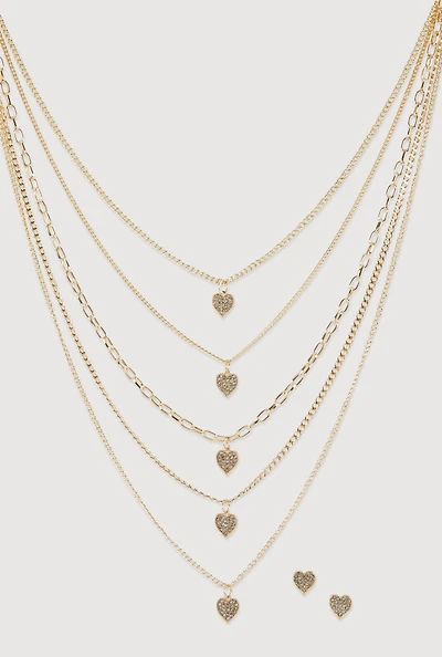 Heart Charm Layered Chain Necklace and Earrings