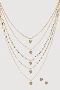 Heart Charm Layered Chain Necklace and Earrings