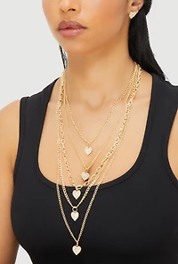 Heart Charm Layered Chain Necklace and Earrings