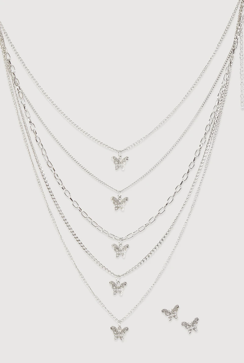 Womens Butterfly Charm Layered Chain Necklace and Earrings, Silver