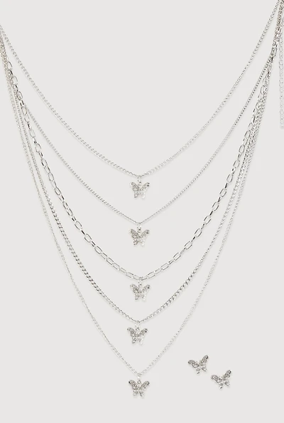 Womens Butterfly Charm Layered Chain Necklace and Earrings, Silver