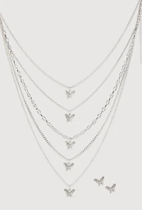 Womens Butterfly Charm Layered Chain Necklace and Earrings, Silver