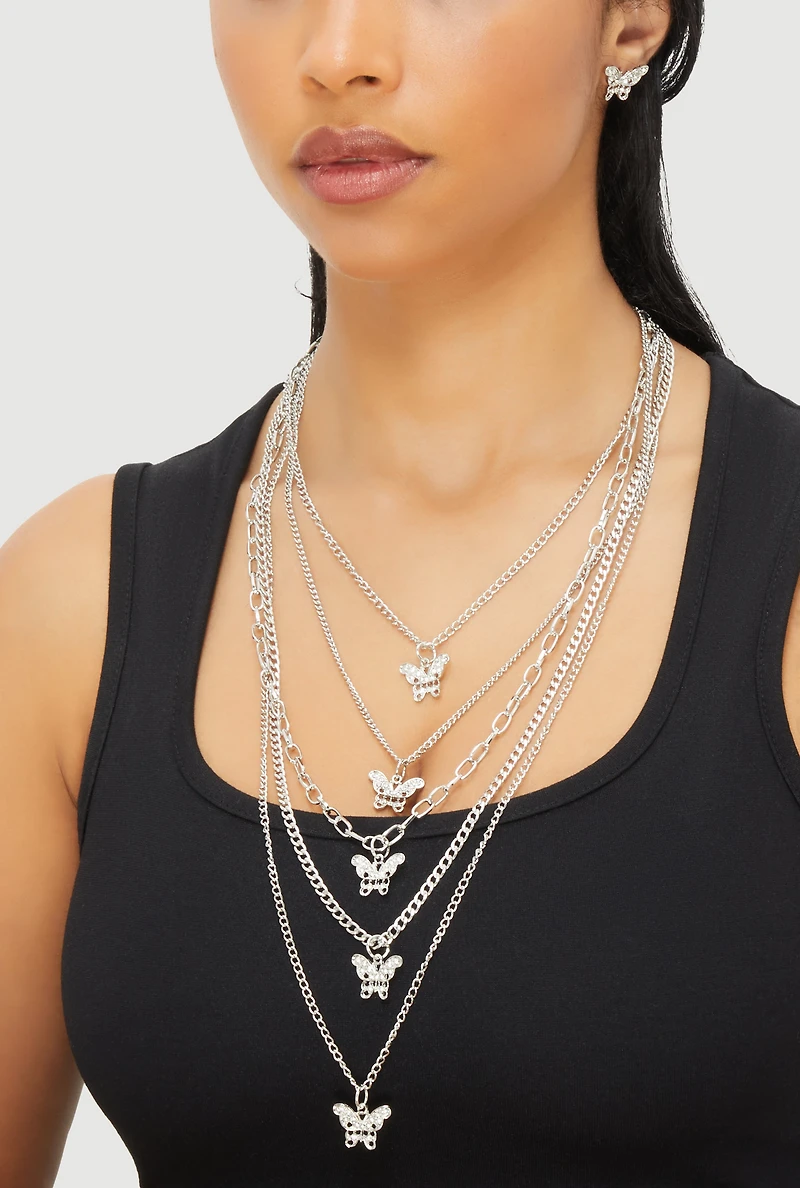 Womens Butterfly Charm Layered Chain Necklace and Earrings, Silver