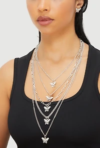 Womens Butterfly Charm Layered Chain Necklace and Earrings, Silver