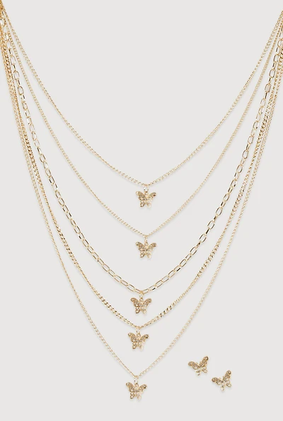 Womens Butterfly Charm Layered Chain Necklace and Earrings, Gold