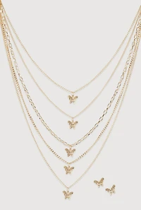 Womens Butterfly Charm Layered Chain Necklace and Earrings, Gold