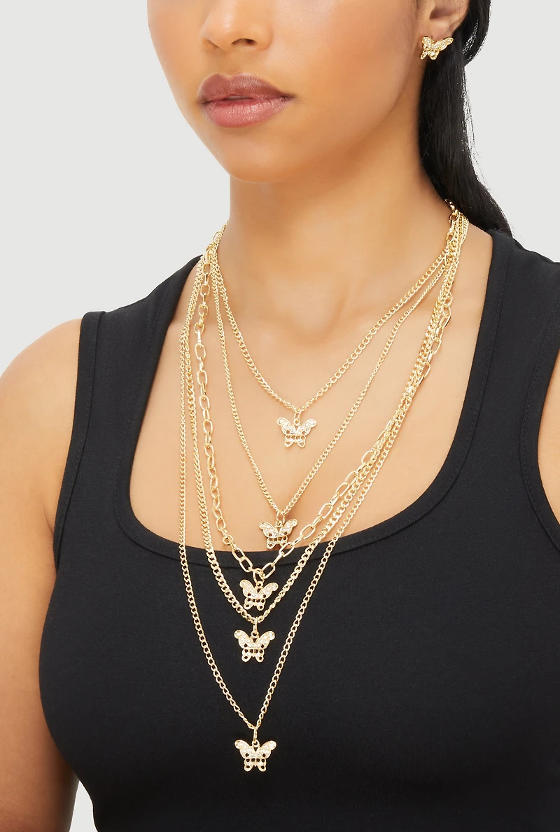 Womens Butterfly Charm Layered Chain Necklace and Earrings,