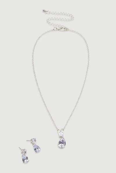 Womens Teardrop Rhinestone Necklace and Drop Earrings, Silver
