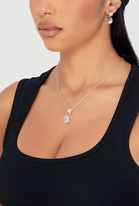 Womens Teardrop Rhinestone Necklace and Drop Earrings, Silver
