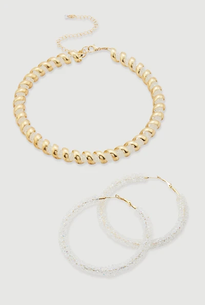 Womens Metallic Coiled Encrusted Necklace with Hoop Earrings, Multi