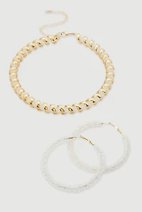 Womens Metallic Coiled Encrusted Necklace with Hoop Earrings, Multi