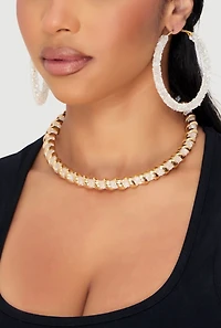 Womens Metallic Coiled Encrusted Necklace with Hoop Earrings, Multi
