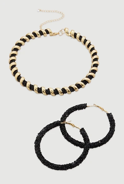 Womens Metallic Coiled Encrusted Necklace with Hoop Earrings, Multi