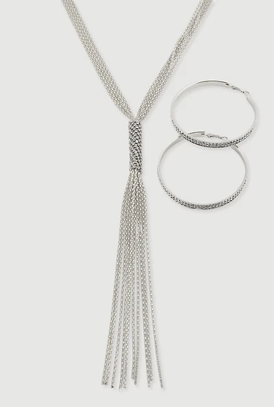 Womens Rhinestone Studded Hoop Earrings with Tassels Necklace, Silver