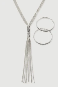 Womens Rhinestone Studded Hoop Earrings with Tassels Necklace, Silver