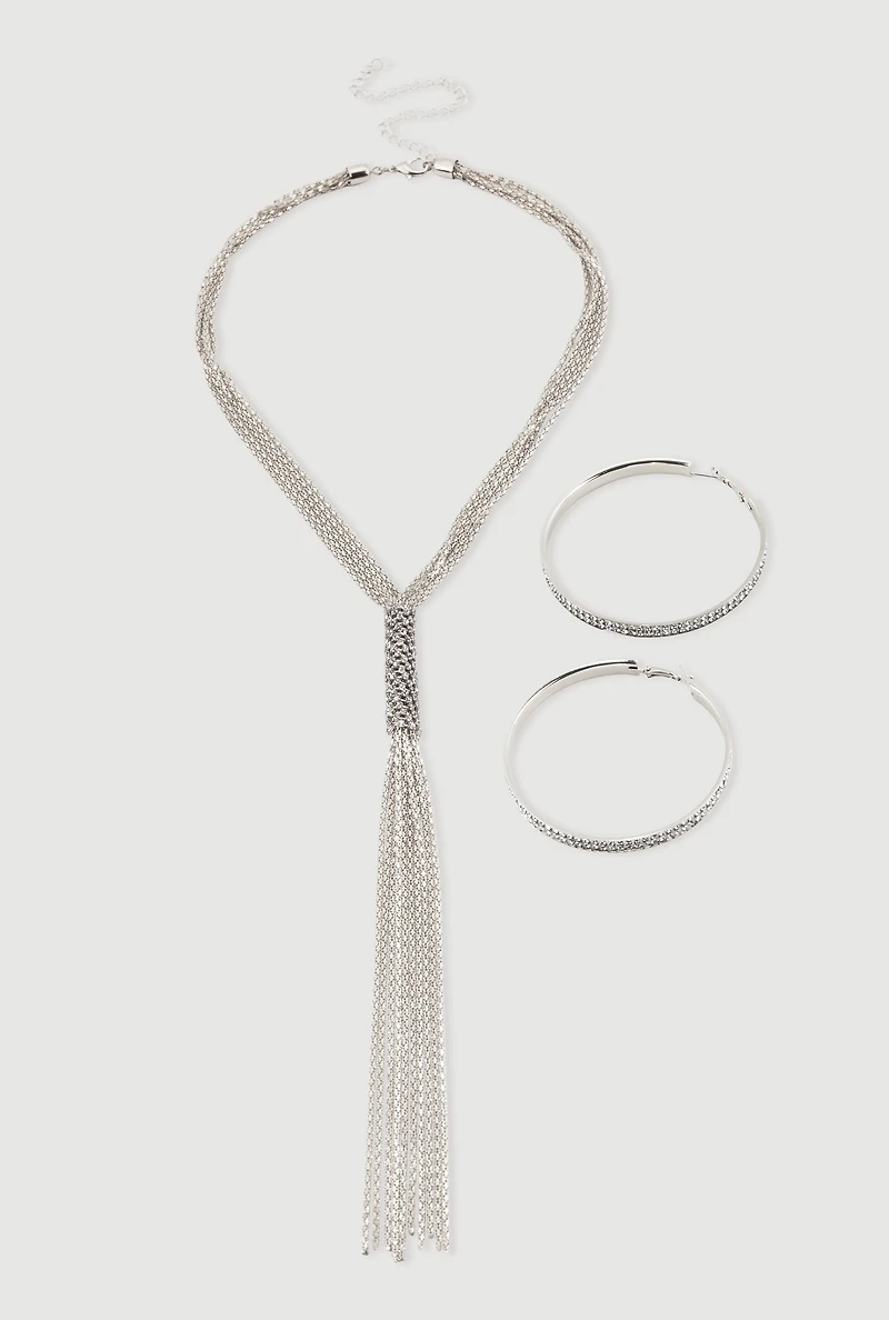 Womens Rhinestone Studded Hoop Earrings with Tassels Necklace, Silver