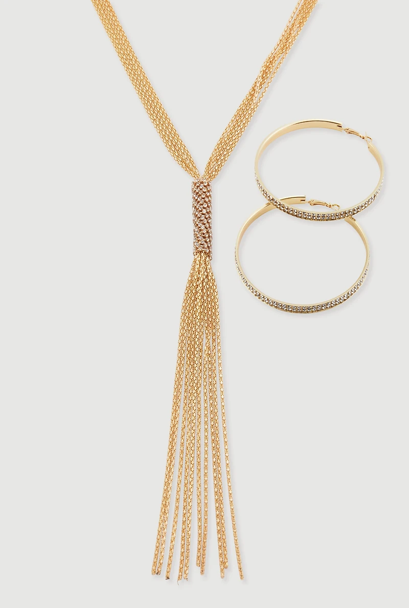 Womens Rhinestone Studded Hoop Earrings with Tassels Necklace, Gold