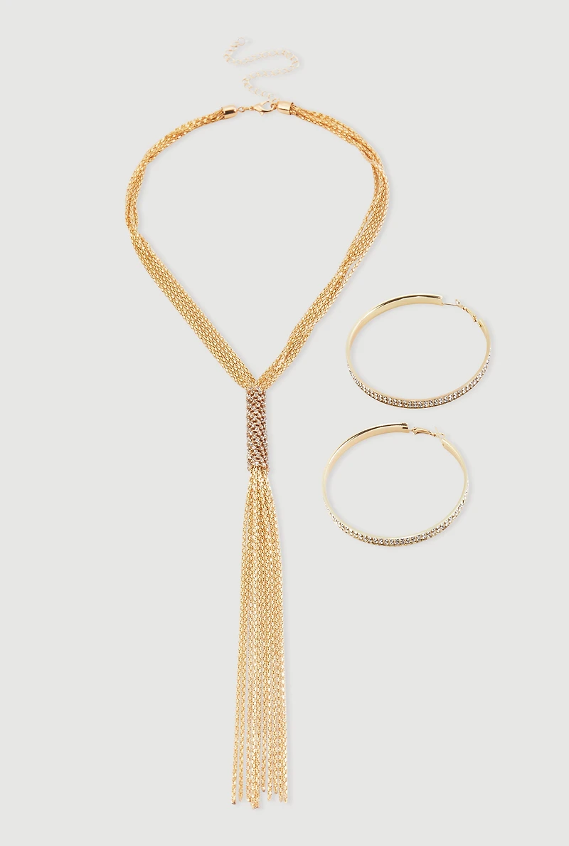 Womens Rhinestone Studded Hoop Earrings with Tassels Necklace, Gold