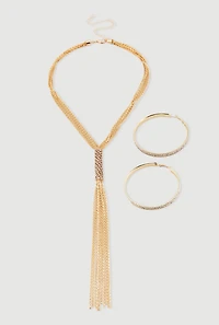 Womens Rhinestone Studded Hoop Earrings with Tassels Necklace, Gold