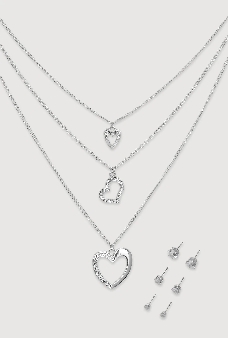 Cubic Zirconia Layered Heart Necklace and Stud Earrings Set of 4