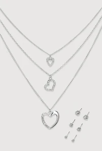 Cubic Zirconia Layered Heart Necklace and Stud Earrings Set of 4