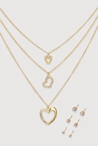 Womens Cubic Zirconia Layered Heart Necklace and Stud Earrings Set of 4, Gold