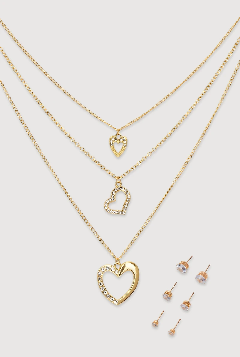 Womens Cubic Zirconia Layered Heart Necklace and Stud Earrings Set of 4, Gold