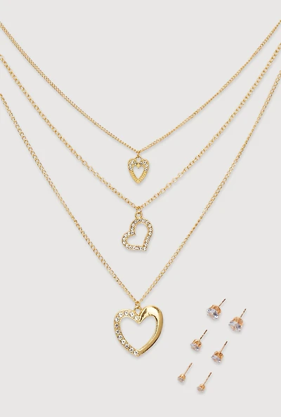 Cubic Zirconia Layered Heart Necklace and Stud Earrings Set of 4
