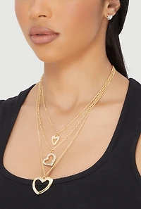 Womens Cubic Zirconia Layered Heart Necklace and Stud Earrings Set of 4, Gold