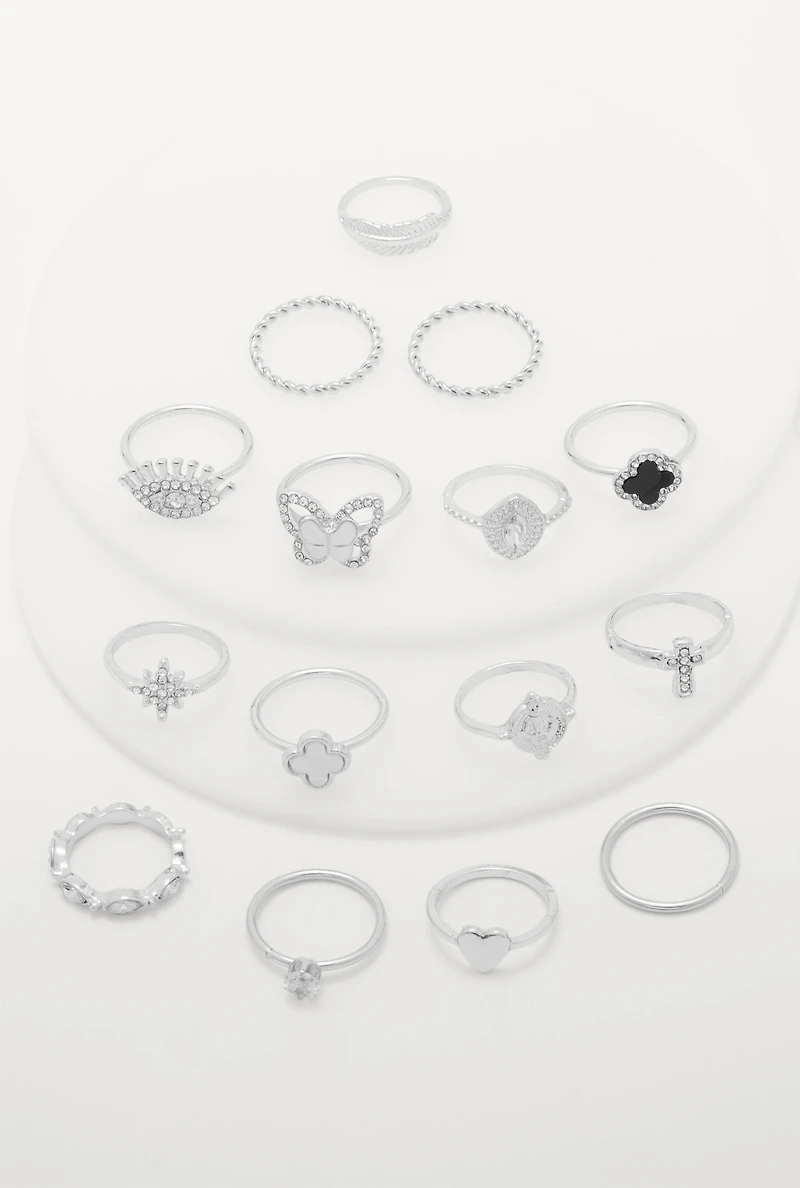 Womens Assorted Cubic Zirconia Rings Set of 15, Silver