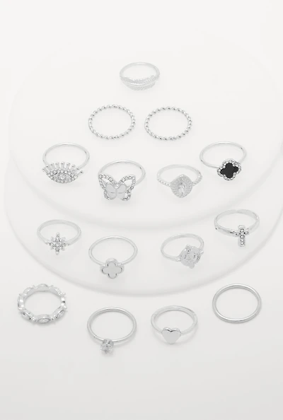 Womens Assorted Cubic Zirconia Rings Set of 15, Silver