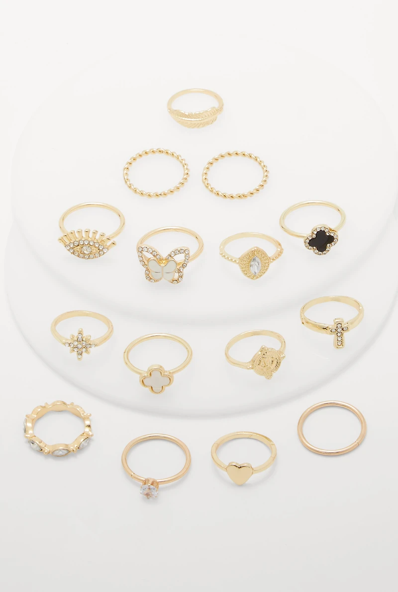 Womens Assorted Cubic Zirconia Rings Set of 15, Gold