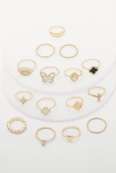 Womens Assorted Cubic Zirconia Rings Set of 15, Gold