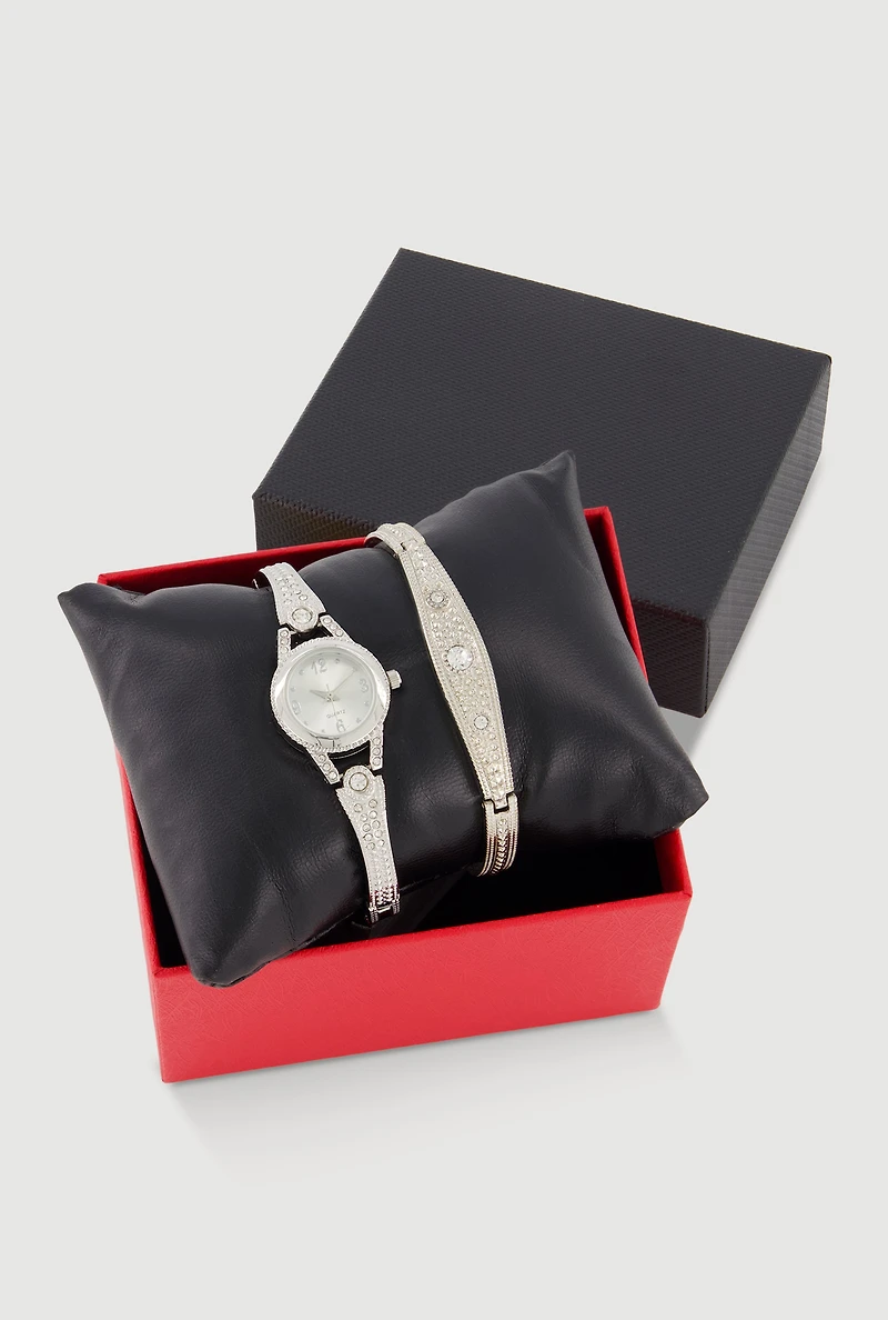 Rhinestone Metallic Detail Watch and Bracelet
