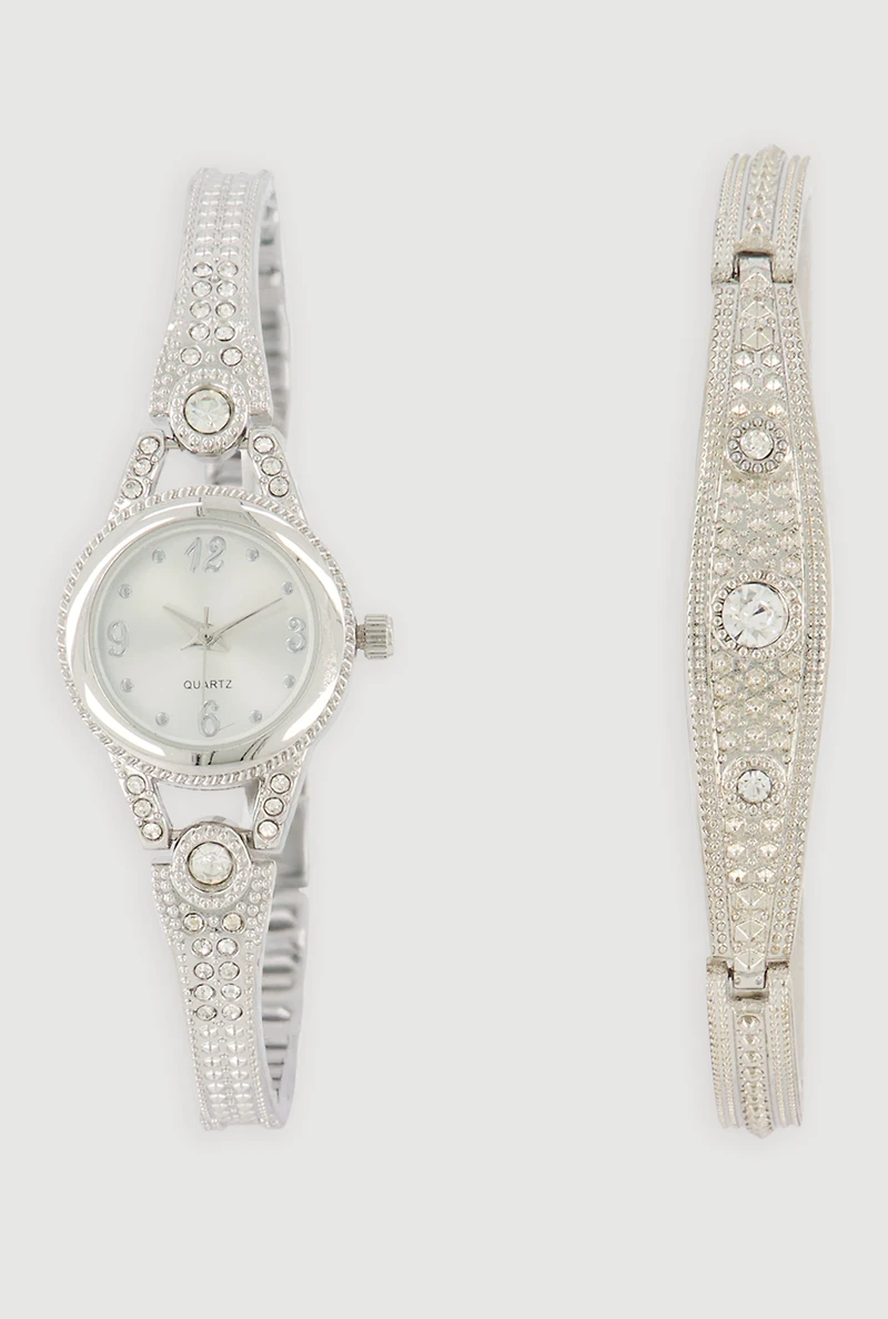 Rhinestone Metallic Detail Watch and Bracelet