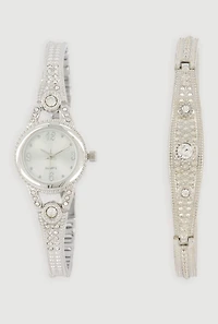 Rhinestone Metallic Detail Watch and Bracelet