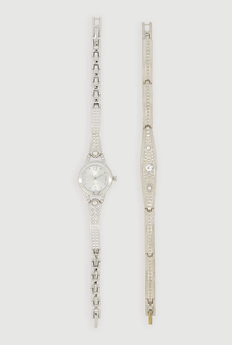 Rhinestone Metallic Detail Watch and Bracelet