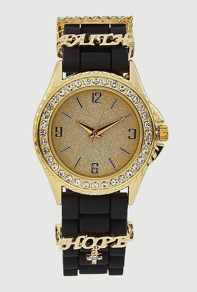 Womens Hope Rhinestone Charm Analog Watch, Black