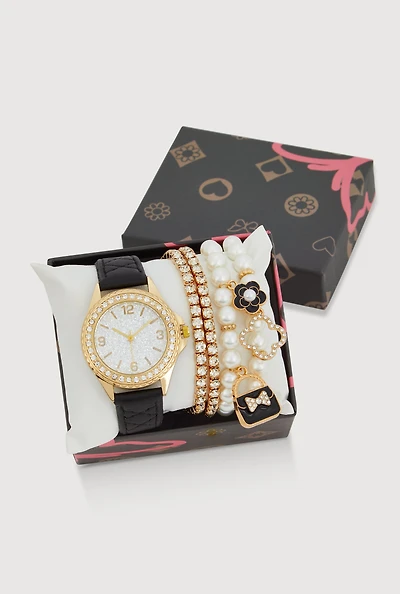 Rhinestone Watch with Stretch and Faux Pearl Charm Bracelets Set of 5