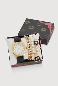 Rhinestone Watch with Stretch and Faux Pearl Charm Bracelets Set of 5