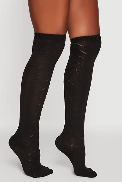 Womens Pointelle Chevron Knit Over the Knee Socks Size 9-11, Black, Size 9-11