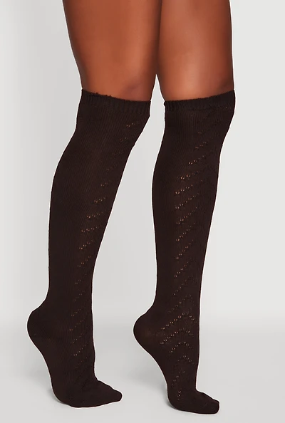 Womens Pointelle Chevron Knit Over the Knee Socks Size 9-11, Brown, Size 9-11