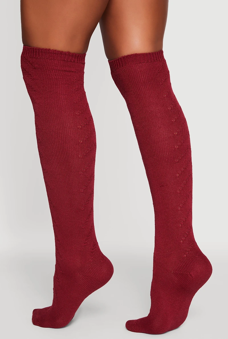 Womens Pointelle Chevron Knit Over the Knee Socks Size 9-11, Burgundy, Size 9-11