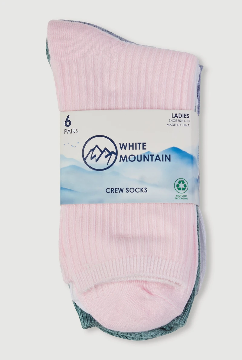 Womens Ribbed Knit Crew Socks 6 Pack Size 4-10, Multi