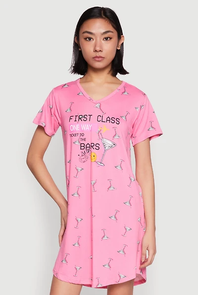 Womens First Class V Neck Nightgown, Pink, Size M