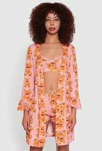 Womens Rib Knit Teddy Bear Pajama Bralette and Shorts with Robe, Multi, Size S