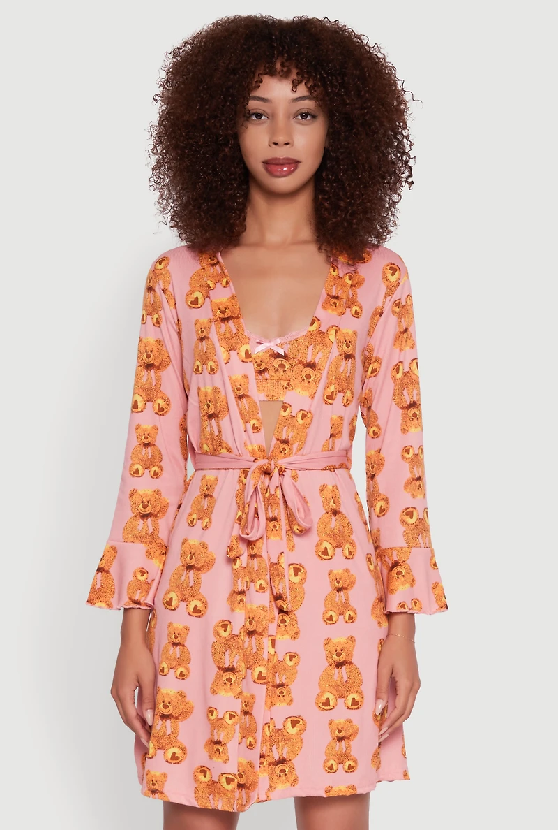 Rib Knit Teddy Bear Pajama Bralette and Shorts with Robe