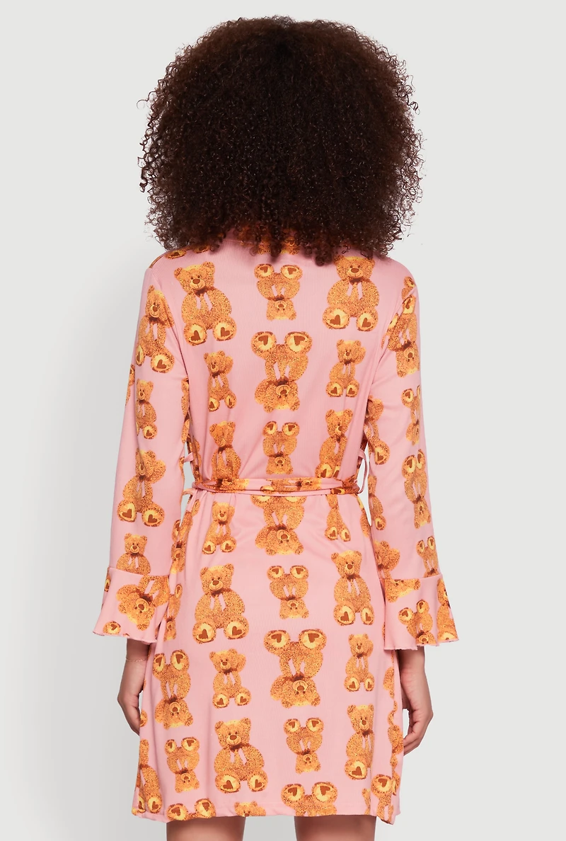 Rib Knit Teddy Bear Pajama Bralette and Shorts with Robe