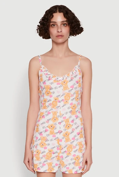 Womens Lettuce Edge Teddy Bear Graphic Pajama Romper, Multi, Size S
